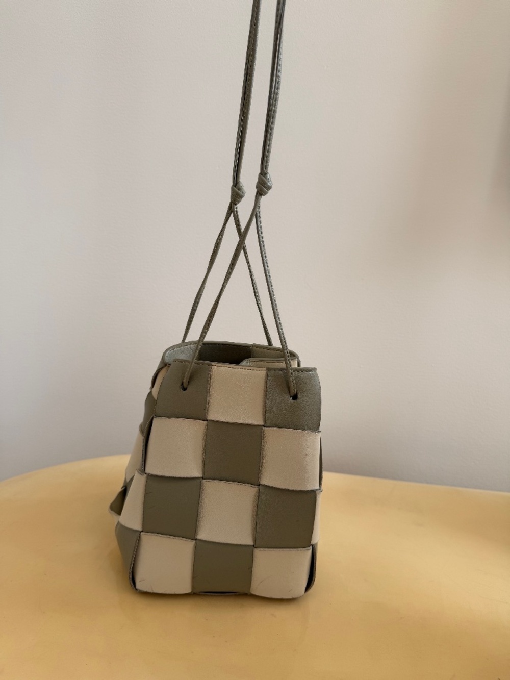 Green & White Woven Mini Bucket Bag